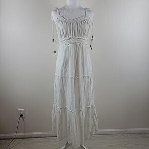 Old Navy Maxi Dress 4 White Tiered Spaghetti Straps Beaded Lined Frayed Hem Boho